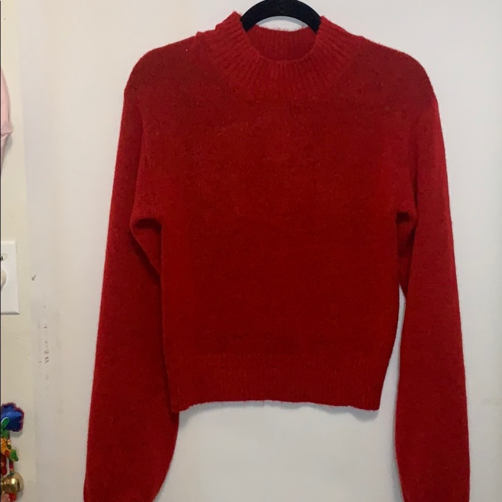 Red High Neck Cropped Sweater w/ Puff sleeve
